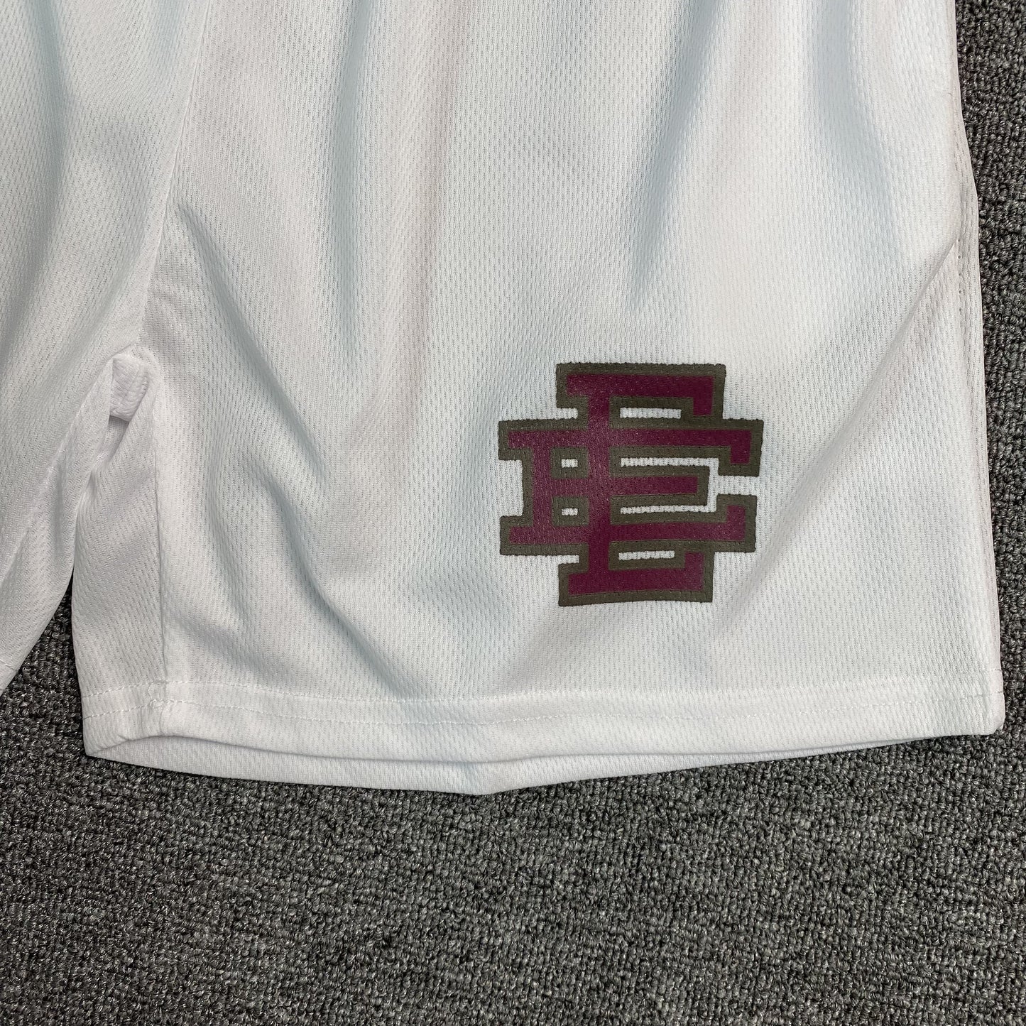 ERIC Emanuel Ee Basic Shorts - Grey - Maroon - White Unisex Streetwear Limited Edition - The ERIC EMMANUEL EE BASIC SHORTS WHITE/GREY/MAROON - REPLICA seamlessly blend luxury streetwear aesthetics wit