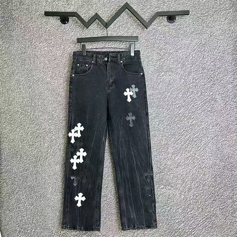 CHROME Hearts White Cross Patch Jeans - Black Unisex Streetwear Limited Edition