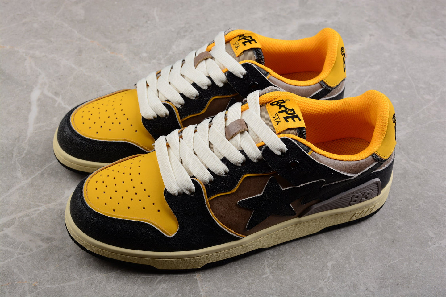 BAPE Sta Low Top Sneakers In And Yellow - Black Unisex Streetwear Limited Edition - Introducing the BAPE STA Low Top Sneakers in Black and Yellow C a perfect blend