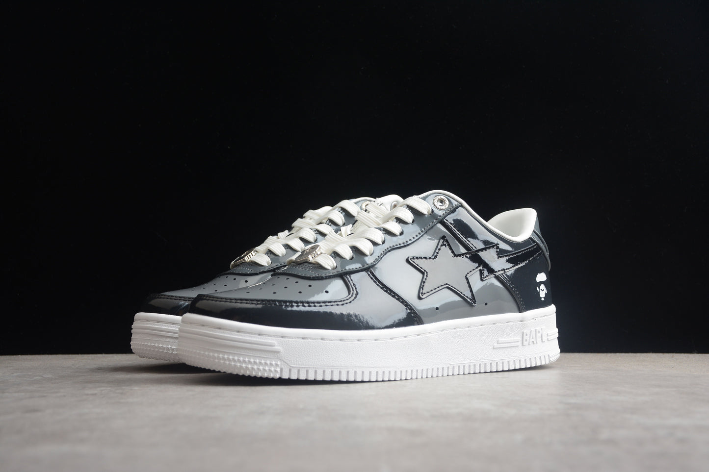 BAPE Sta Patent Leather Low-top Sneakers - Black Unisex Streetwear Limited Edition - **BAPE STA Black Patent Leather Low-Top Sneakers** Step into the world of streetwear with the