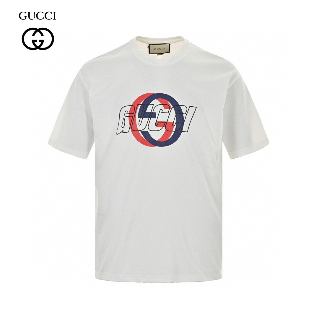 Gucci T-shirt With Overlapping Logo - White Unisex Streetwear Limited Edition - <span>Modern and trendy. Features overlapping Gucci logo in red and blue. Made from high-quality fabric.