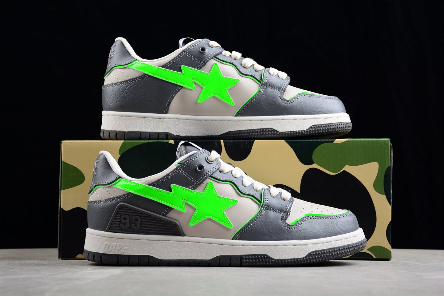 BAPE Sta Low-top Sneakers In Grey And Neon - Green Unisex Streetwear Limited Edition - **BAPE STA Low-Top Sneakers in Grey and Neon Green** Introducing the BAPE STA Low-Top Sneakers