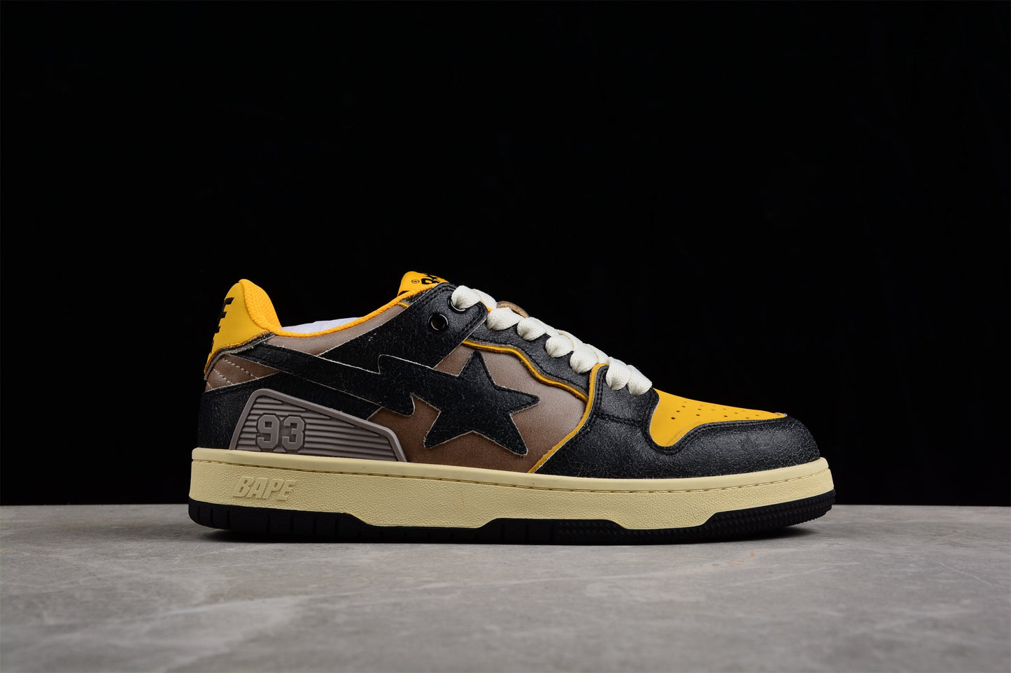 BAPE Sta Low Top Sneakers In And Yellow - Black Unisex Streetwear Limited Edition - Introducing the BAPE STA Low Top Sneakers in Black and Yellow C a perfect blend