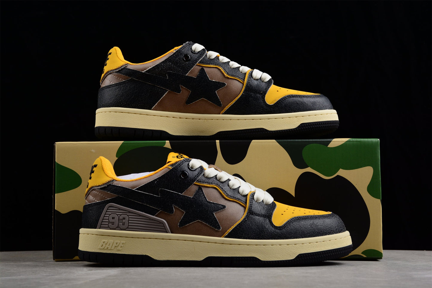 BAPE Sta Low Top Sneakers In And Yellow - Black Unisex Streetwear Limited Edition - Introducing the BAPE STA Low Top Sneakers in Black and Yellow C a perfect blend