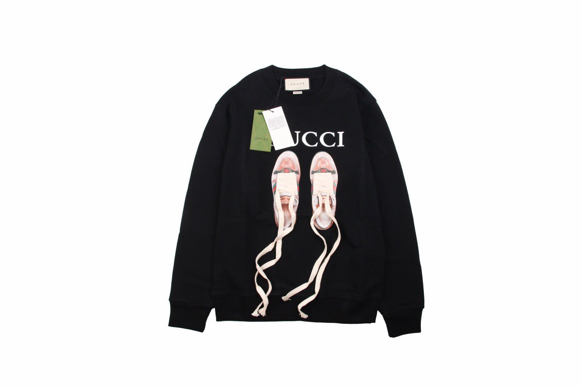 Gucci Sweatshirt With Ballet Slippers Print - Black Unisex Streetwear Limited Edition - This Gucci black sweatshirt features a striking design with an image of ballet slippers hanging,
