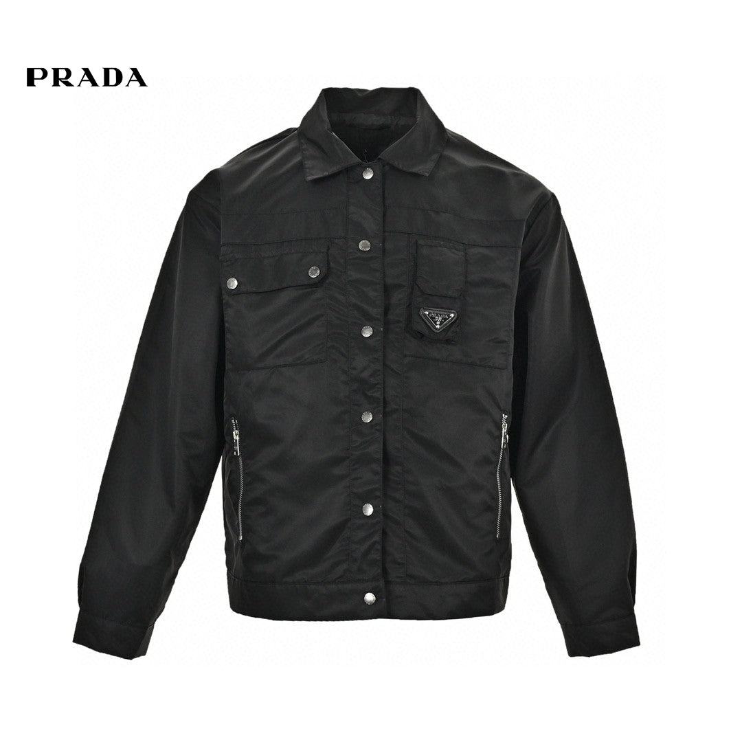 Prada Nylon Jacket - Black Unisex Streetwear Limited Edition - This Prada jacket features a sleek black design with a button-up front. It has multiple