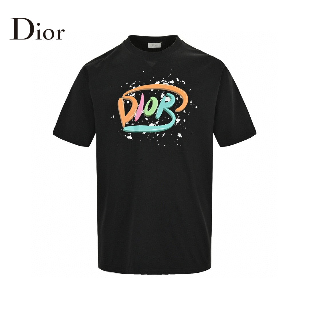 Dior Multicolor Logo T-shirt - Black Unisex Streetwear Limited Edition - This Dior t-shirt features a vibrant multicolor 'Dior' logo with paint splatter details on the