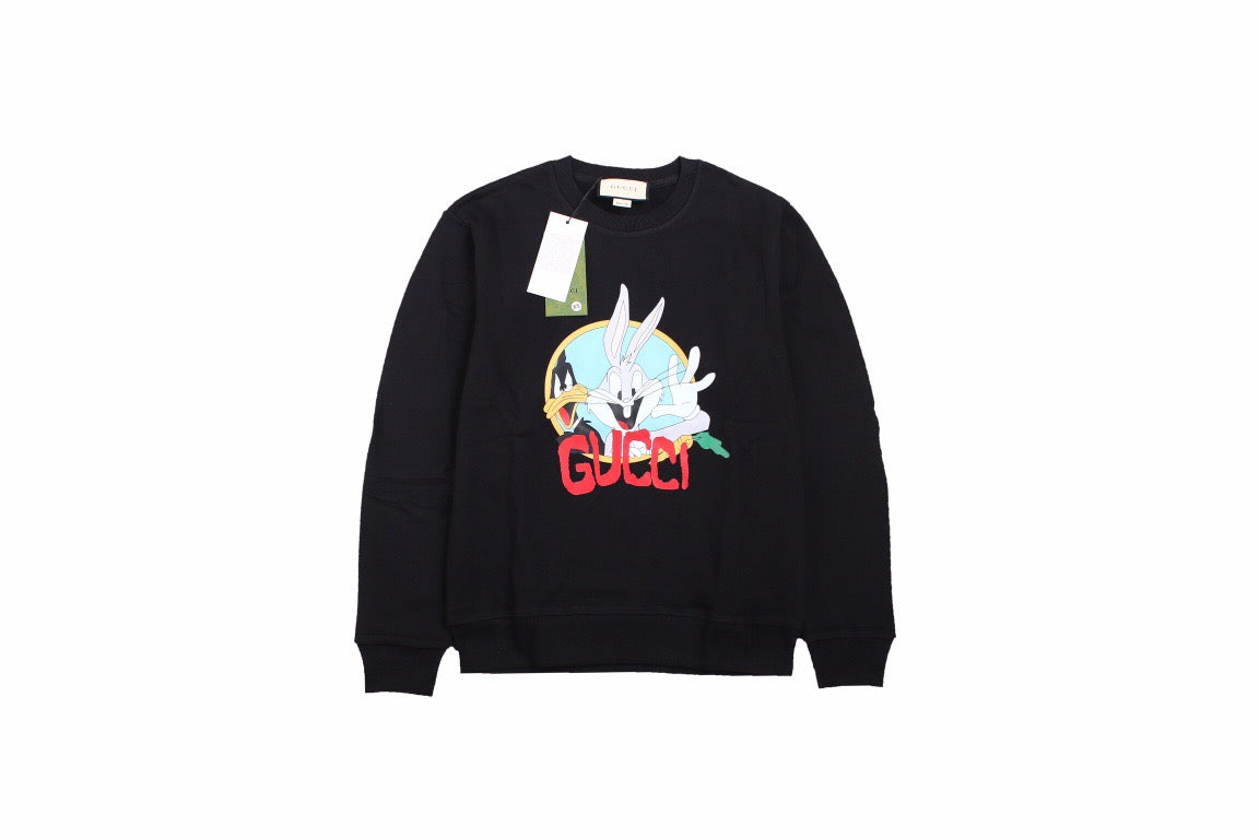 Gucci Bugs Bunny Sweatshirt - - Black Unisex Streetwear Limited Edition - This black Gucci sweatshirt features a vibrant graphic of Bugs Bunny holding a carrot, paired