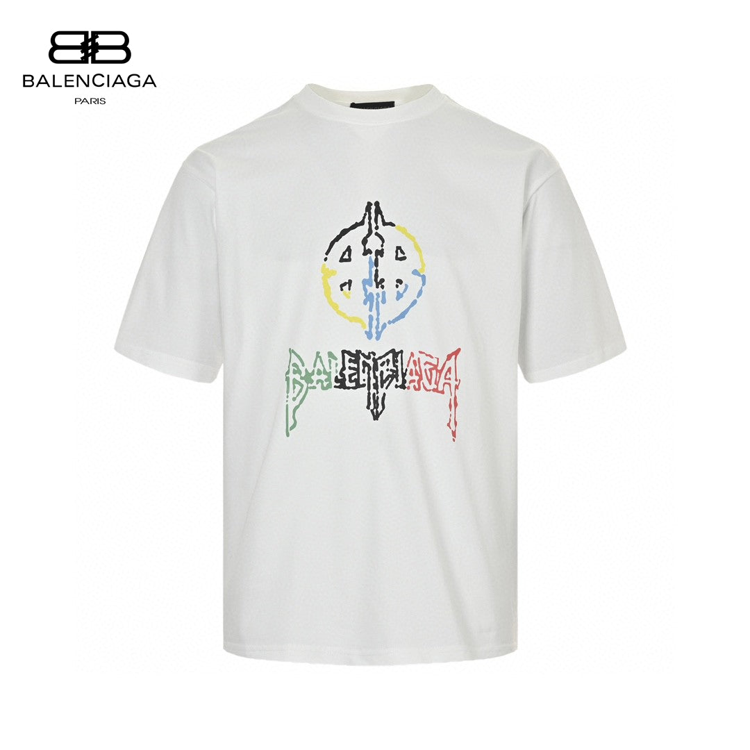 Balenciaga Multicolor Graphic Logo T-shirt - White Unisex Streetwear Limited Edition - This Balenciaga t-shirt features a unique multicolor graphic logo on the front, combining vibrant colors