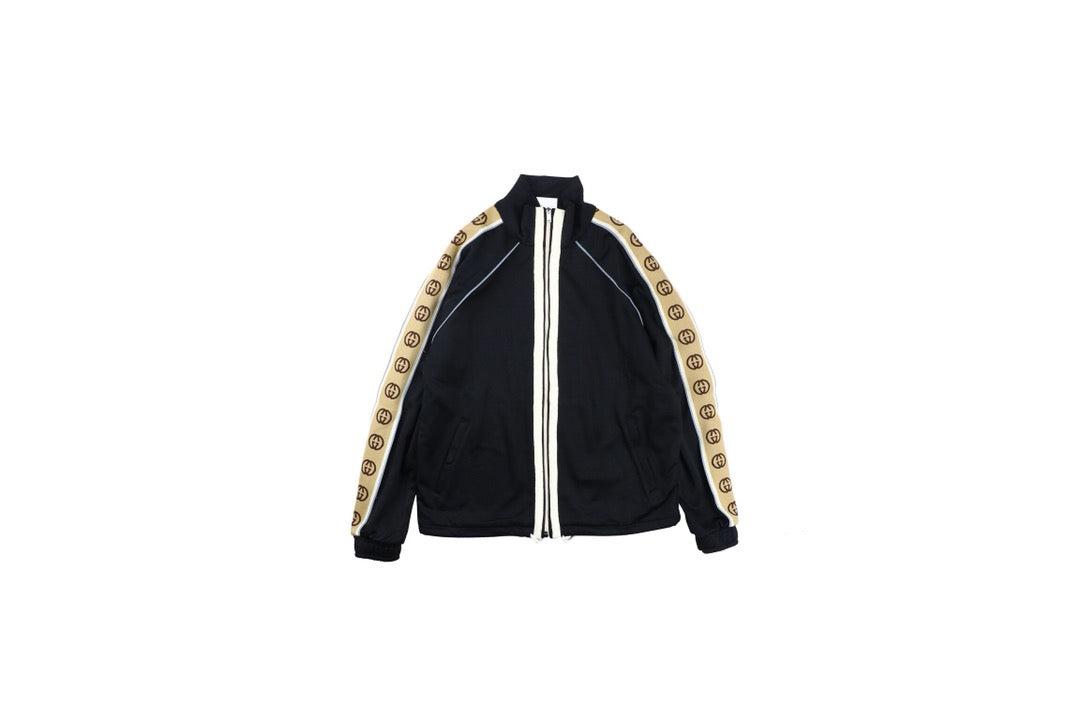 Gucci Gg Logo Stripe Track Jacket - - Black Unisex Streetwear Limited Edition - This Gucci track jacket showcases a classic black design with bold beige GG logo stripes