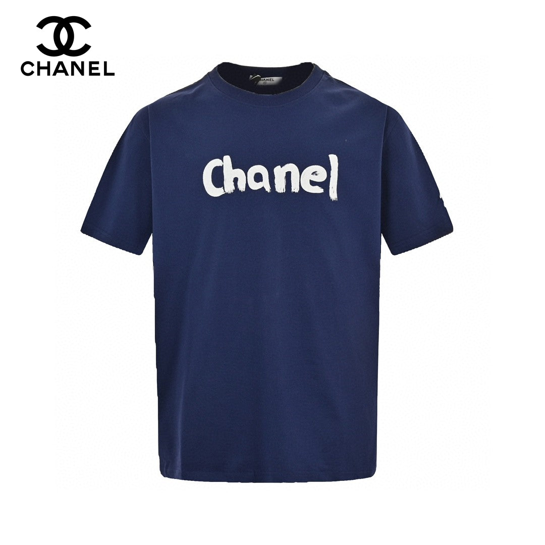 Chanel Logo T-shirt (navy Blue) Unisex Streetwear Limited Edition - This Chanel T-shirt in navy blue features a bold, white Chanel logo across the chest,