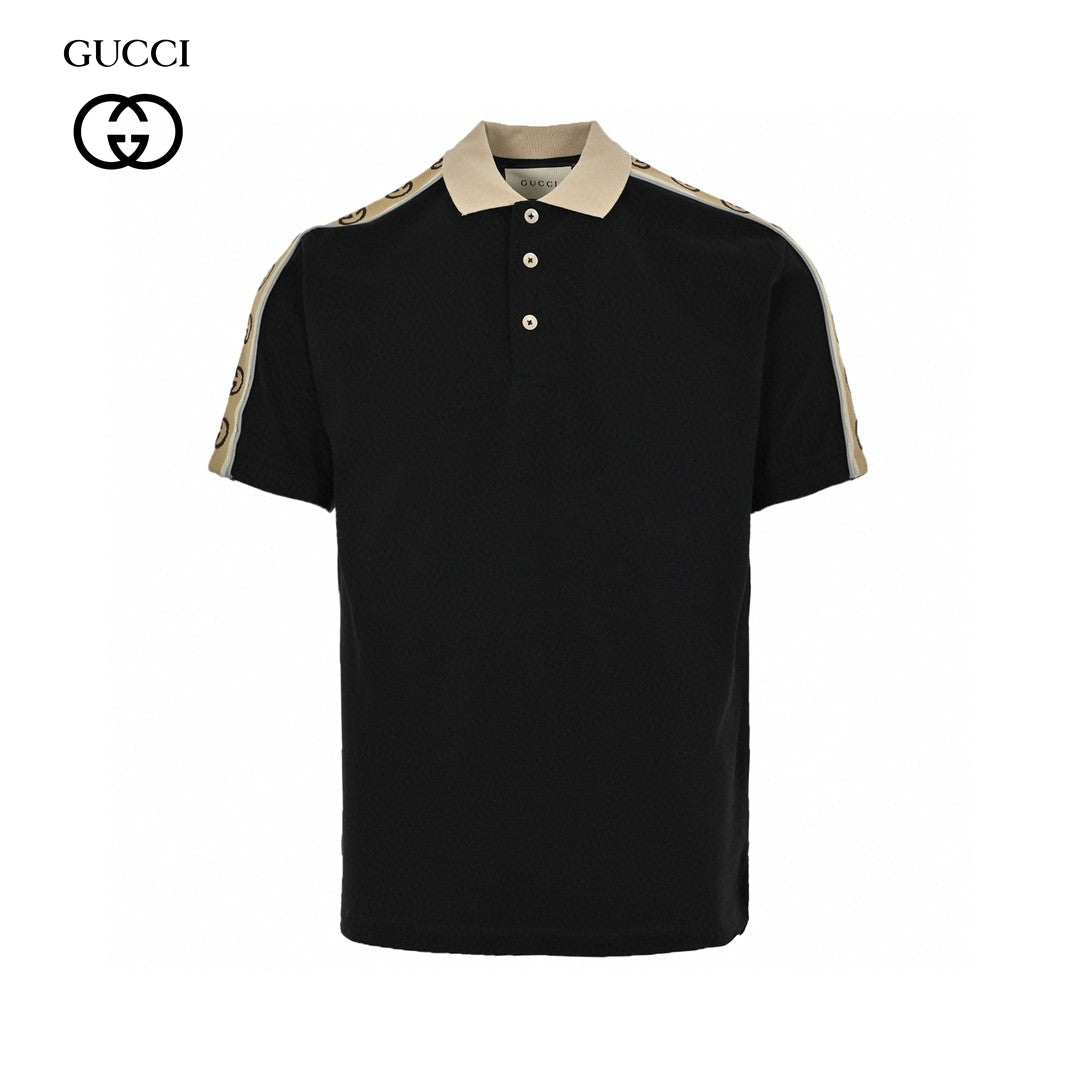 Gucci Polo Shirt With Logo Tape - Black Unisex Streetwear Limited Edition - This Gucci Polo Shirt in classic black features signature logo tape detailing along the shoulders