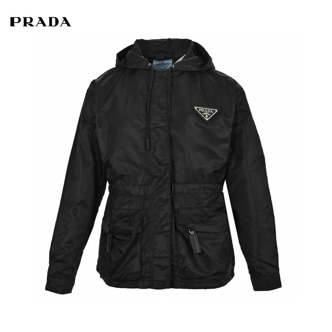 Prada Nylon Hooded Jacket - Black Unisex Streetwear Limited Edition - This Prada jacket features a sleek black design with the iconic Prada triangle logo on