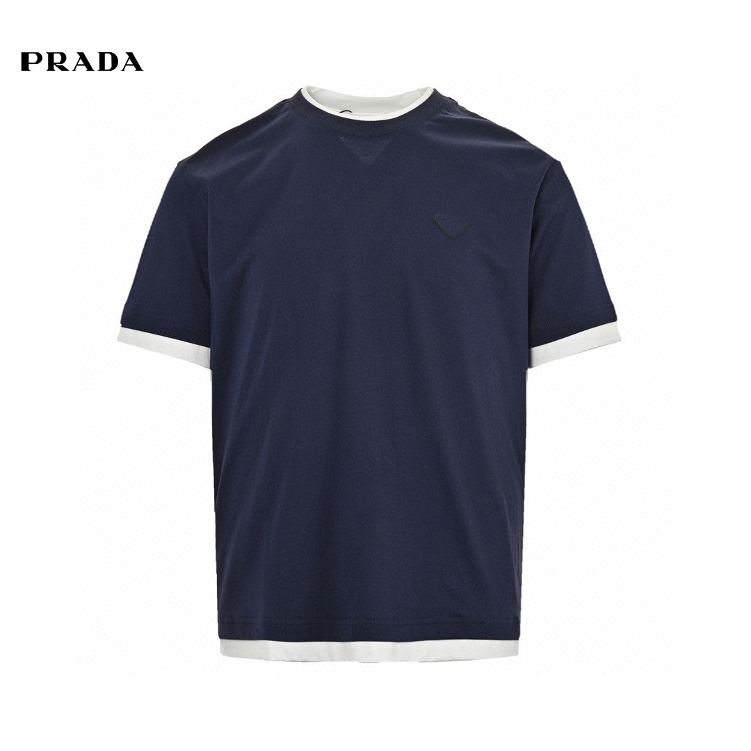 Prada Contrast Trim T-shirt - Navy Unisex Streetwear Limited Edition - The Prada Navy Contrast Trim T-Shirt is a refined and stylish addition to any wardrobe.