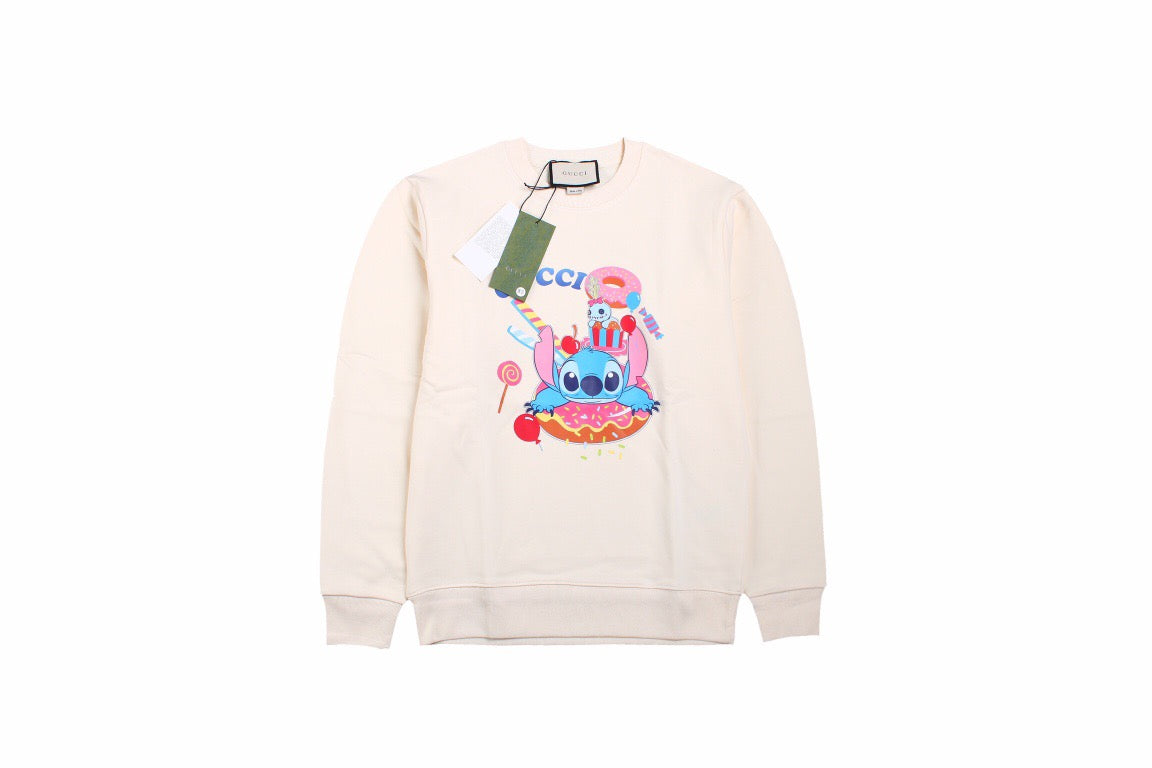 Gucci Stitch Donut Sweatshirt - - Cream Unisex Streetwear Limited Edition - This Gucci sweatshirt in cream features a colorful and playful graphic of Stitch enjoying donuts