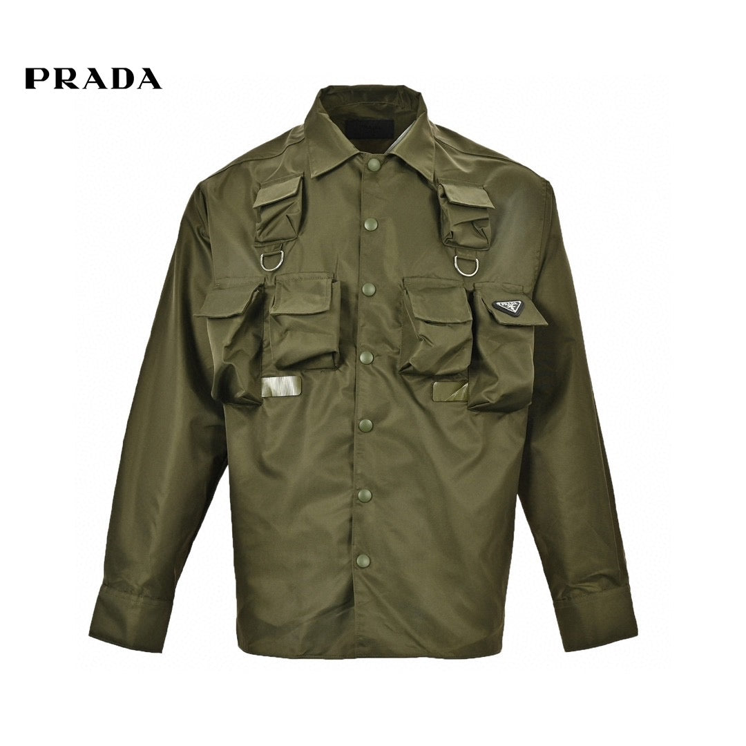 Prada Military Style Jacket - Red Unisex Streetwear Limited Edition - This Prada jacket features a military-inspired design in olive green. It has multiple utility pockets