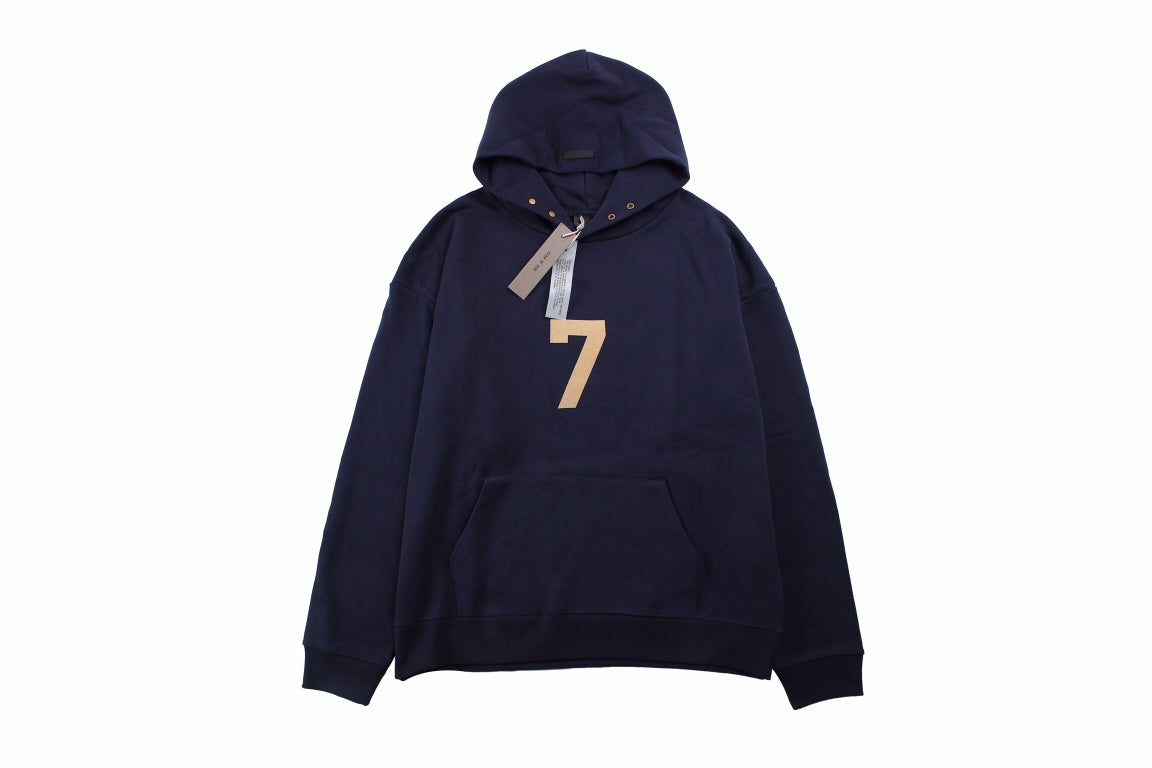 Fear Of God Hoodie - Blue Unisex Streetwear Limited Edition - Navy blue hoodie with tan '7' print on the chest. Comfortable and cozy fit. Features