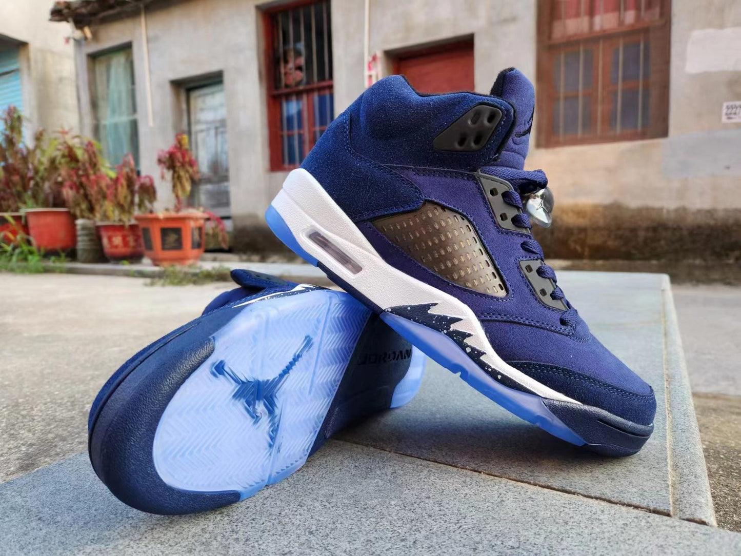 Jordan 5 Blue And - White Unisex Streetwear Limited Edition - Step into a world of sleek style and premium craftsmanship with the Air Jordan 5