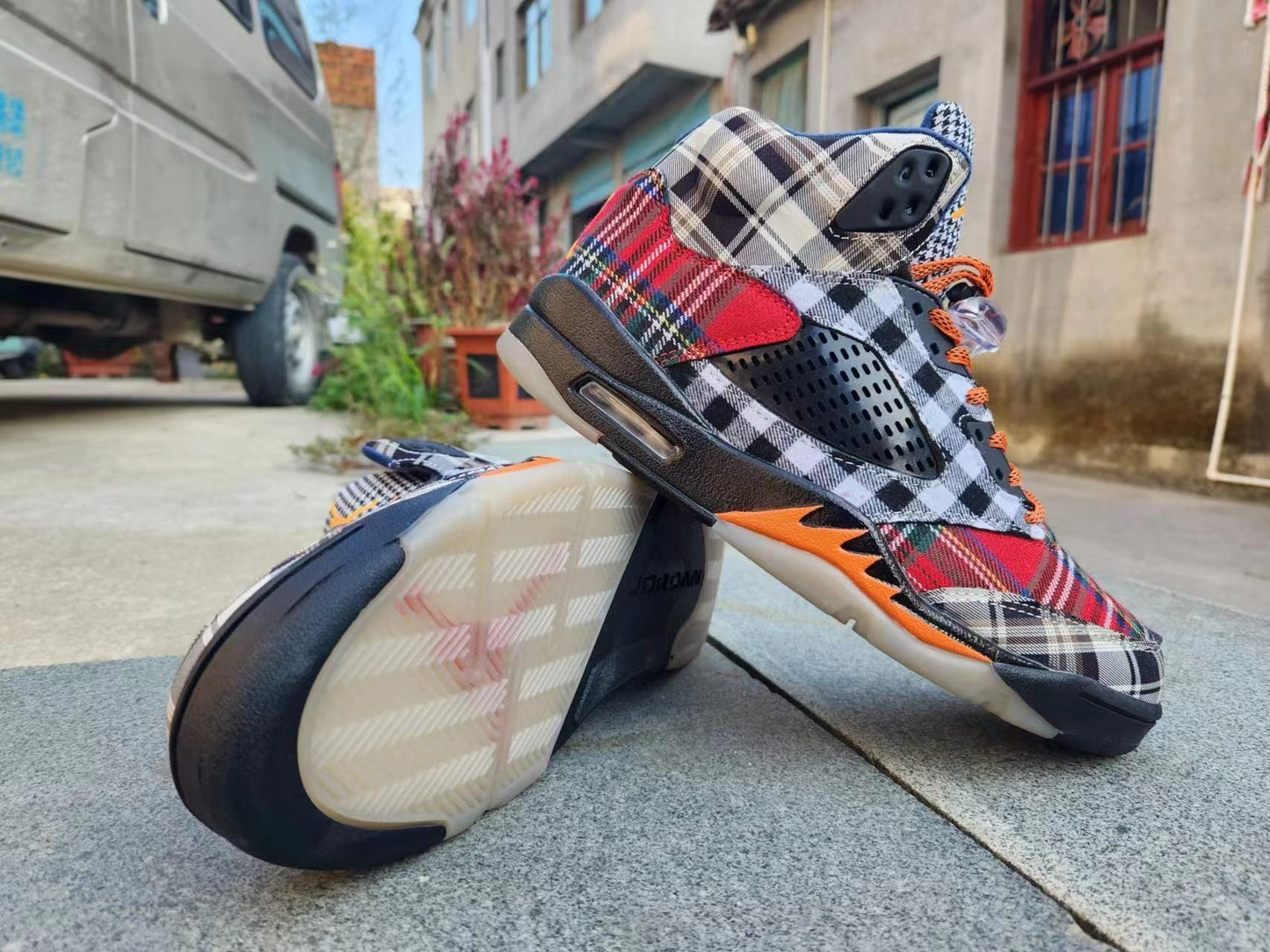 Jordan 5 Bold Plaid Multi-colorway Sneakers - Black Unisex Streetwear Limited Edition - Step out in style with the Air Jordan 5 in a bold plaid multi-colorway, a