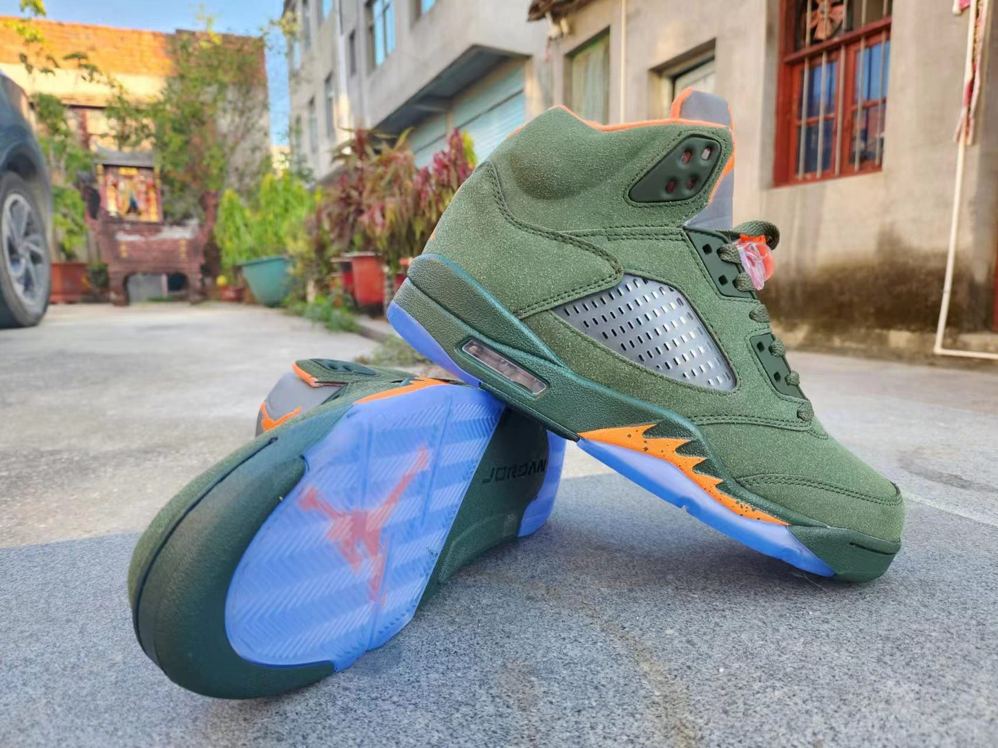 Jordan 5 And Orange T-Shirt - Green Unisex Streetwear Limited Edition - Elevate your sneaker collection with the Air Jordan 5 in a unique green and orange