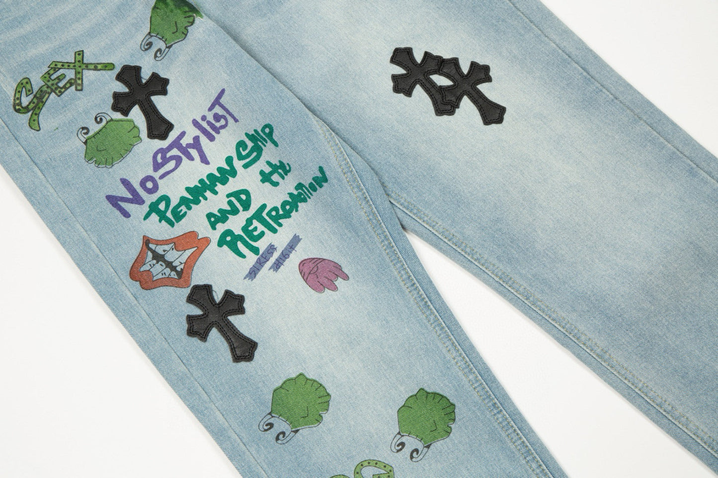 CHROME Hearts Se - Embroidered Jeans Blue Unisex Streetwear Limited Edition