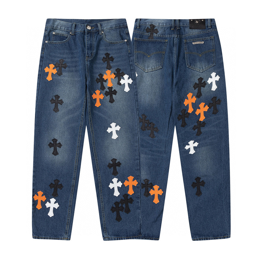 CHROME Hearts Crow Hearts Jeans Denim - Red Unisex Streetwear Limited Edition