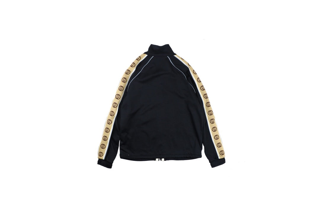 Gucci Gg Logo Stripe Track Jacket - - Black Unisex Streetwear Limited Edition - This Gucci track jacket showcases a classic black design with bold beige GG logo stripes