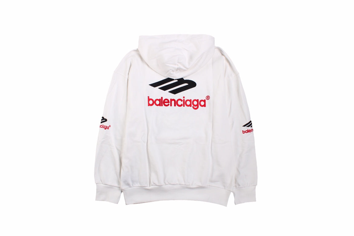 Balenciaga Hoodie - White Unisex Streetwear Limited Edition - This Balenciaga hoodie features a bold black and red logo on the front. Crafted from