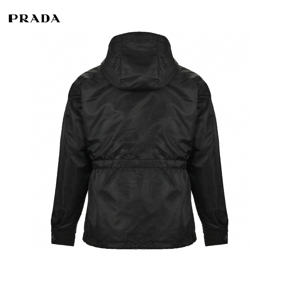 Prada Nylon Hooded Jacket - Black Unisex Streetwear Limited Edition - This Prada jacket features a sleek black design with the iconic Prada triangle logo on