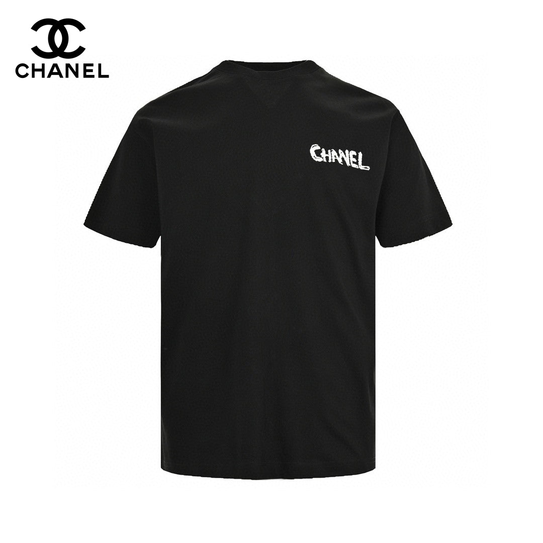 Chanel Pink Splash Logo T-shirt - Black Unisex Streetwear Limited Edition - This Chanel t-shirt features a large pink logo with a splash paint effect, complemented by