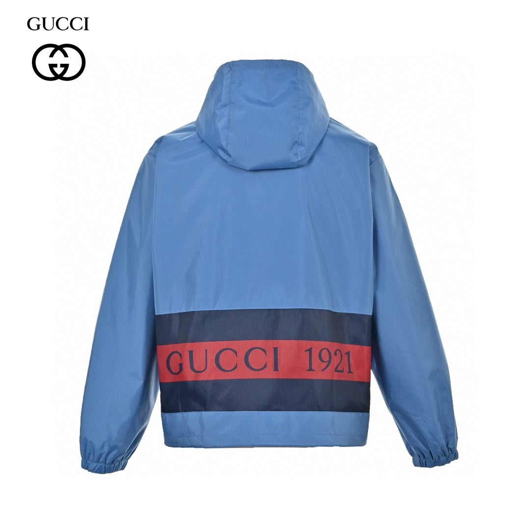 Gucci Hooded Jacket - Blue Unisex Streetwear Limited Edition - This Gucci jacket features a vibrant blue design with a front zip closure. It has