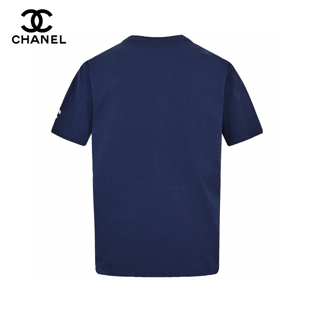 Chanel Logo T-shirt (navy Blue) Unisex Streetwear Limited Edition - This Chanel T-shirt in navy blue features a bold, white Chanel logo across the chest,