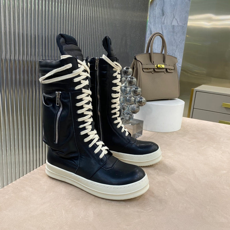 Rick Owens High-top Leather Boots - And Cream T-Shirt - Black Unisex Streetwear Limited Edition - ### Rick Owens High-Top Leather Boots - Black and Cream Introducing the Rick Owens High-Top