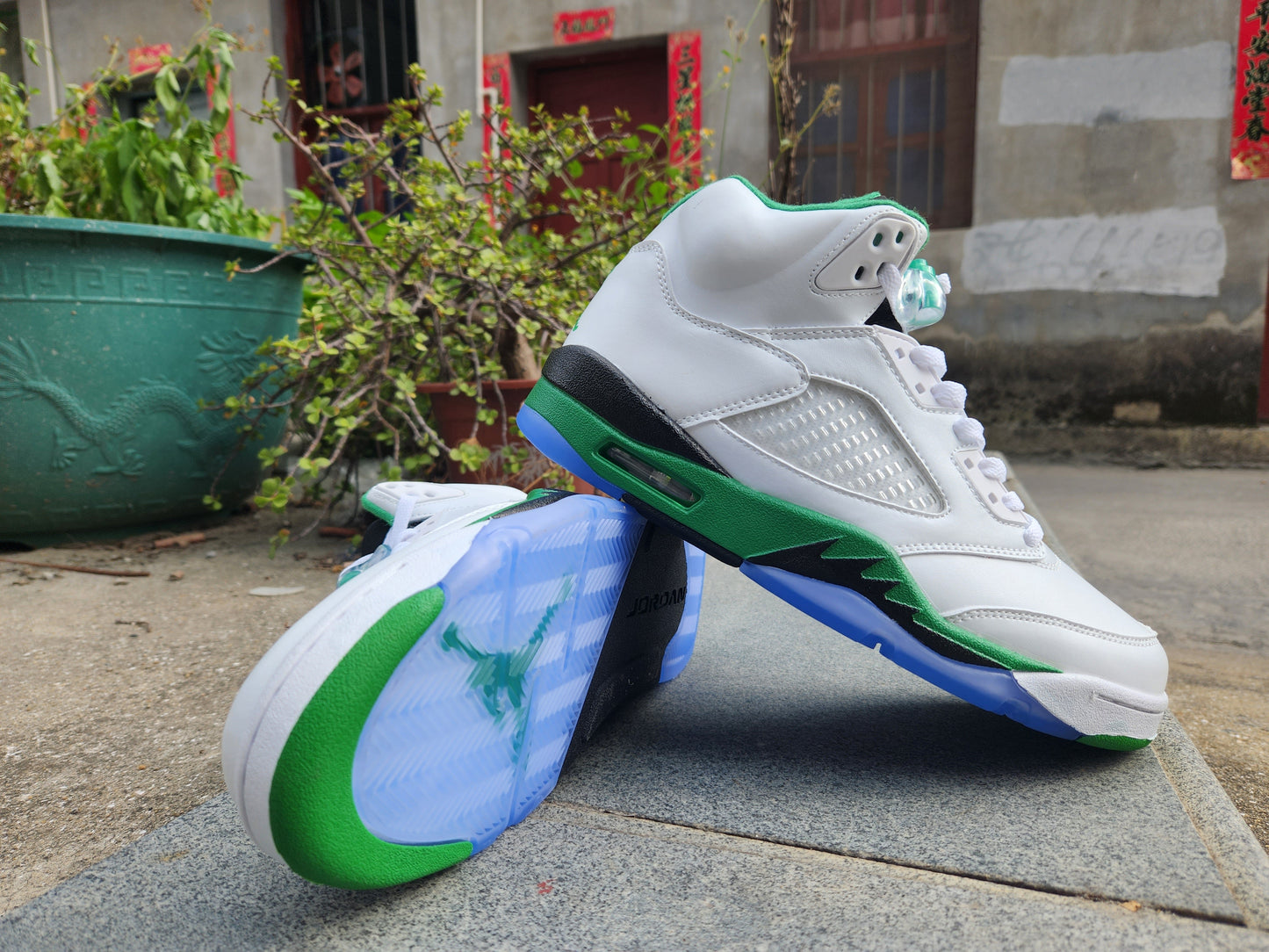 Jordan 5 White, Green And - Black Unisex Streetwear Limited Edition - Refresh your sneaker collection with the Air Jordan 5 in a crisp white, green, and