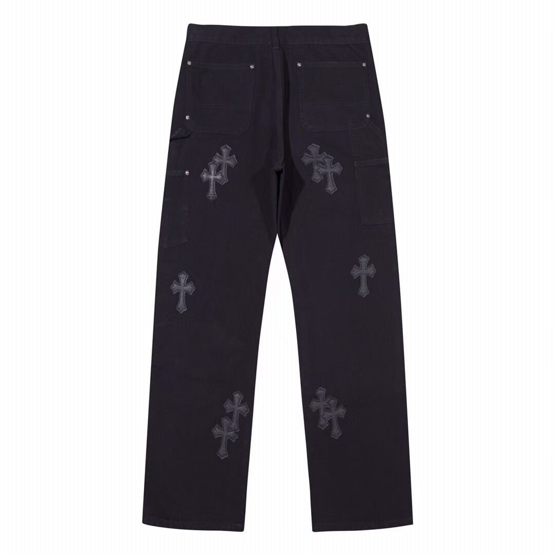 CHROME Hearts Double Knee Carpenter Jeans - Black Unisex Streetwear Limited Edition - The CHROME HEARTS BLACK DOUBLE KNEE CARPENTER JEANS - REPLICA combine rugged utility with luxurious