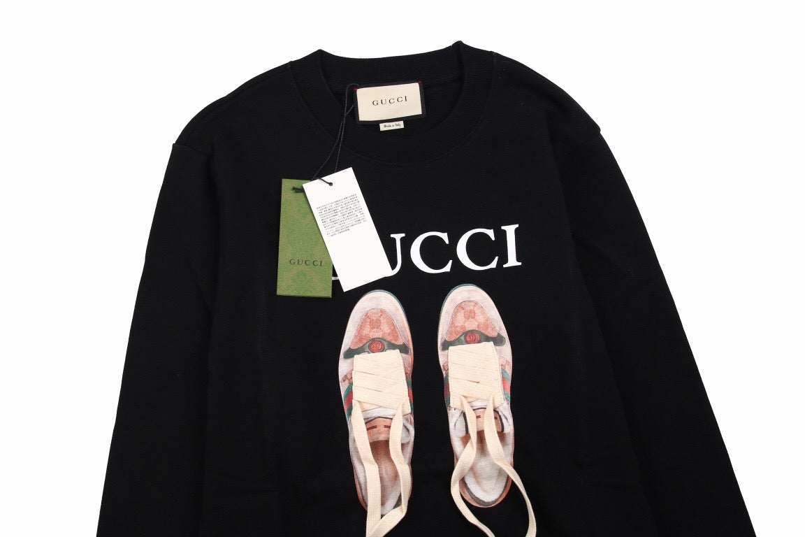 Gucci Sweatshirt With Ballet Slippers Print - Black Unisex Streetwear Limited Edition - This Gucci black sweatshirt features a striking design with an image of ballet slippers hanging,