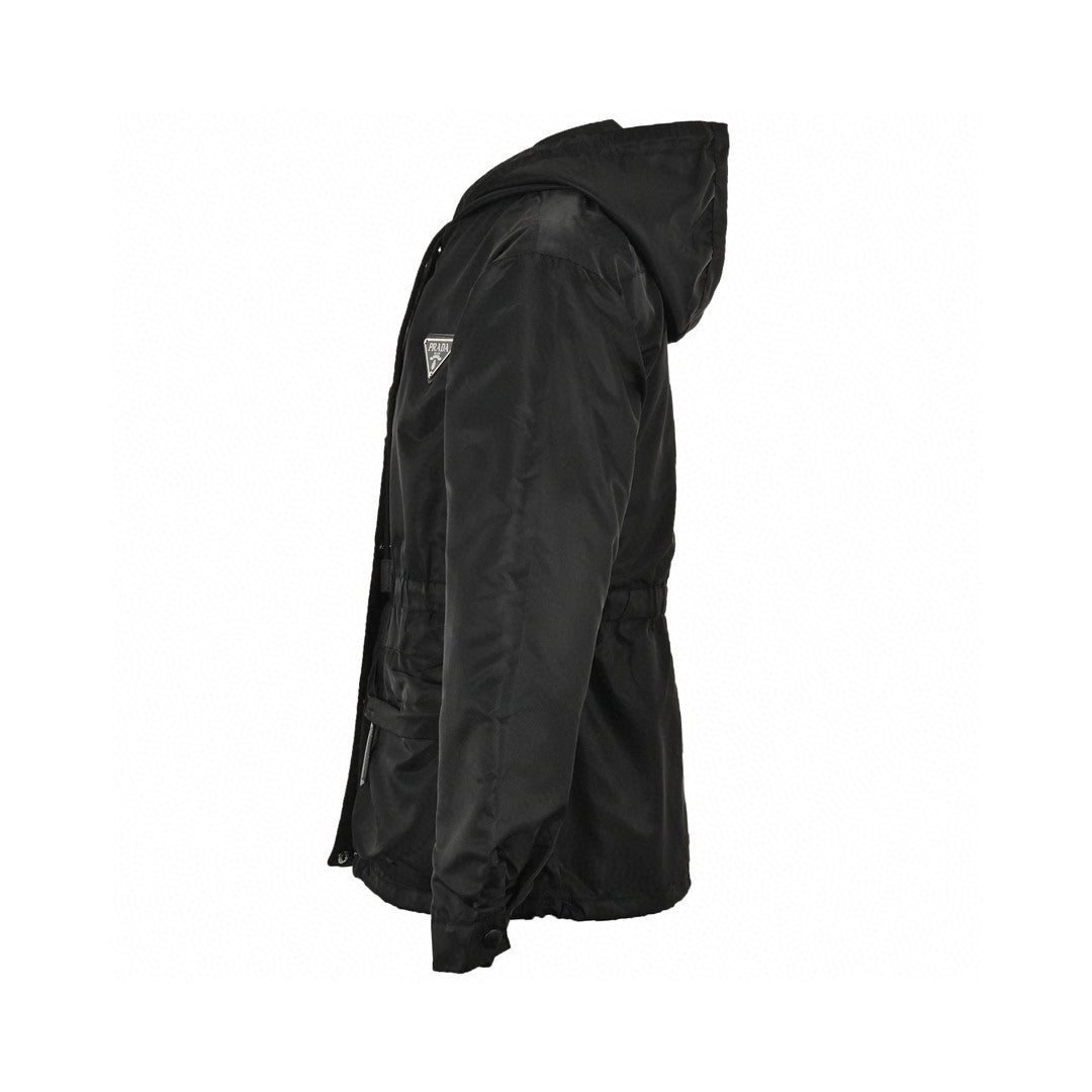 Prada Nylon Hooded Jacket - Black Unisex Streetwear Limited Edition - This Prada jacket features a sleek black design with the iconic Prada triangle logo on