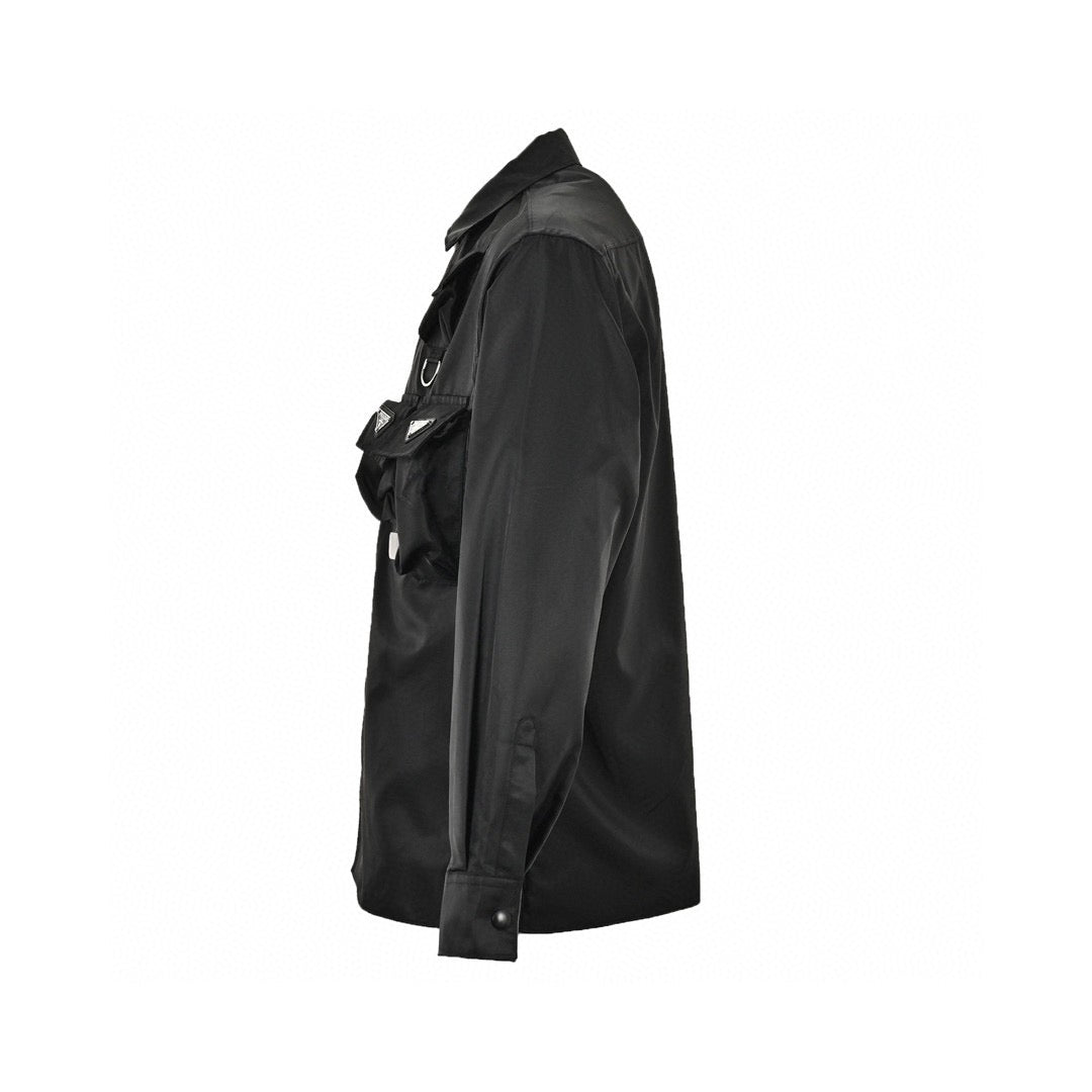 Prada Military Style Jacket - - Black Unisex Streetwear Limited Edition - This Prada jacket features a military-inspired design in black. It has multiple utility pockets with