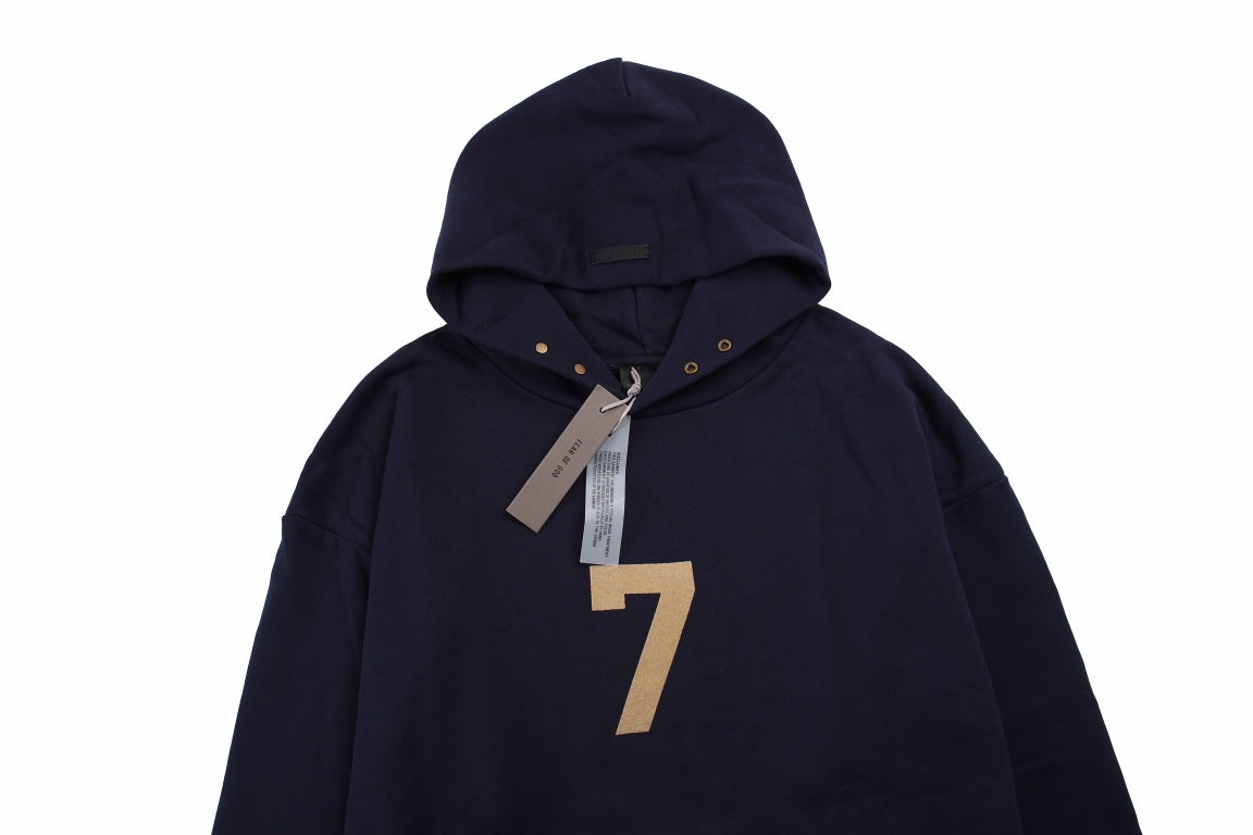 Fear Of God Hoodie - Blue Unisex Streetwear Limited Edition - Navy blue hoodie with tan '7' print on the chest. Comfortable and cozy fit. Features