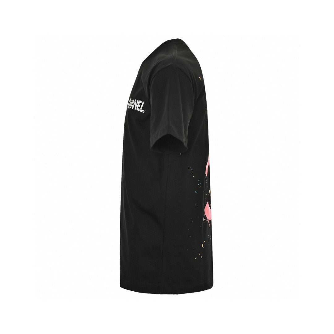 Chanel Pink Splash Logo T-shirt - Black Unisex Streetwear Limited Edition - This Chanel t-shirt features a large pink logo with a splash paint effect, complemented by