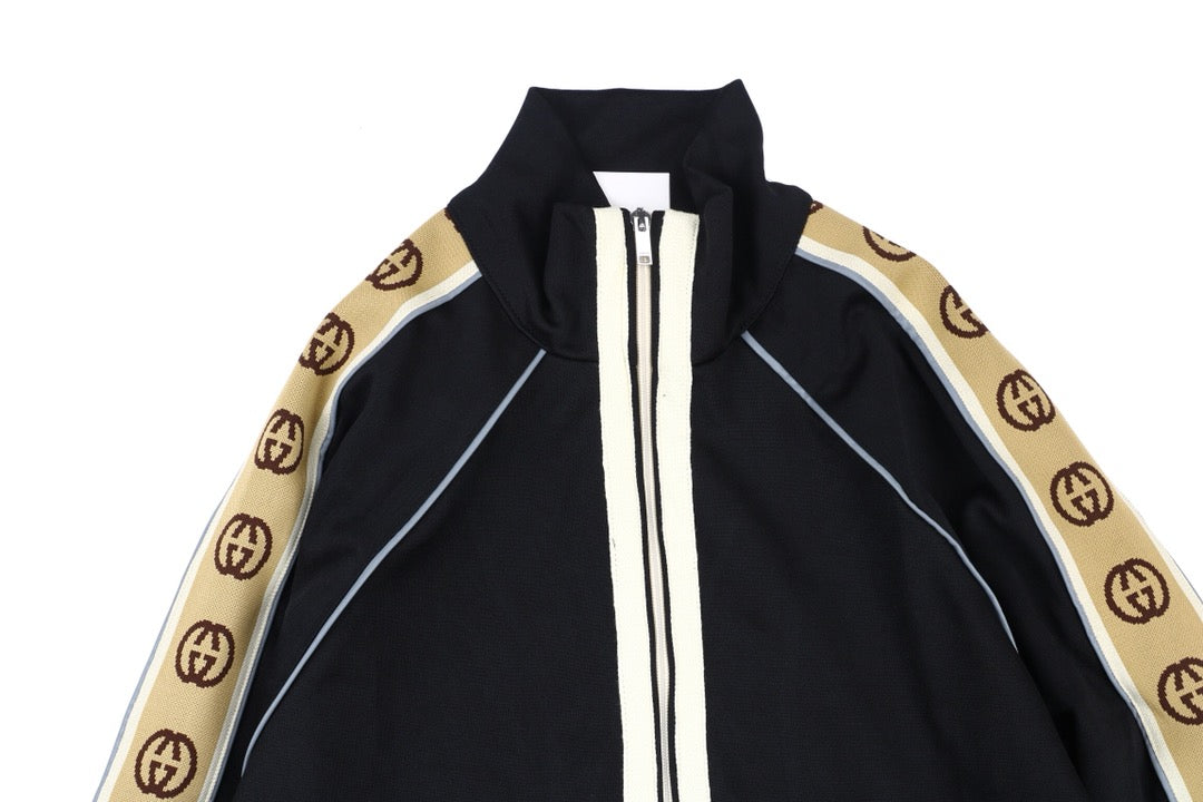 Gucci Gg Logo Stripe Track Jacket - - Black Unisex Streetwear Limited Edition - This Gucci track jacket showcases a classic black design with bold beige GG logo stripes