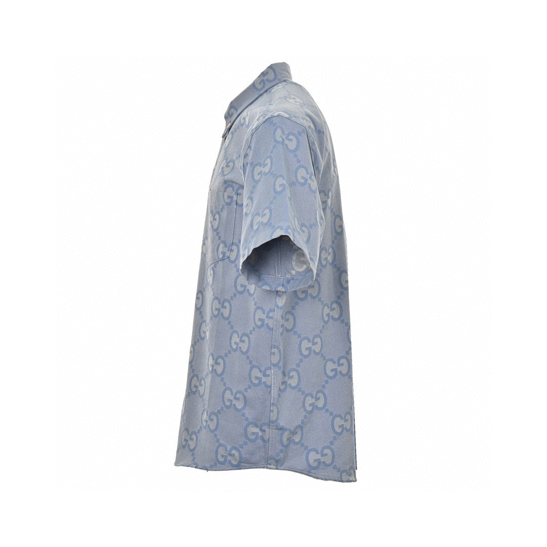 Gucci Allover Logo Denim Shirt - Blue Unisex Streetwear Limited Edition - This Gucci shirt features an allover GG logo design set against a light blue denim