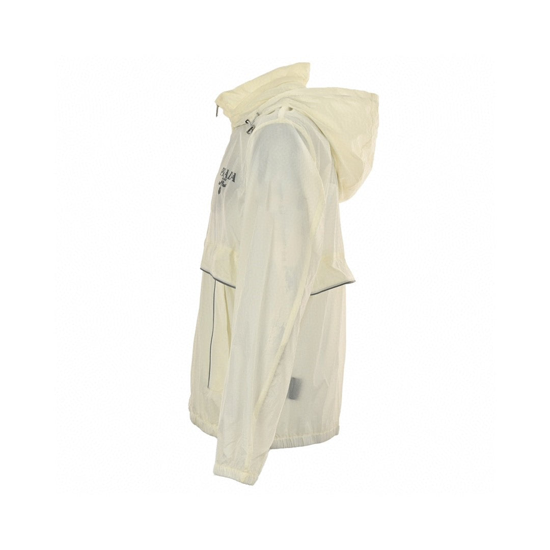 Prada Lightweight Hooded Jacket - White Unisex Streetwear Limited Edition - This Prada jacket features a translucent white design with the Prada logo on the chest.