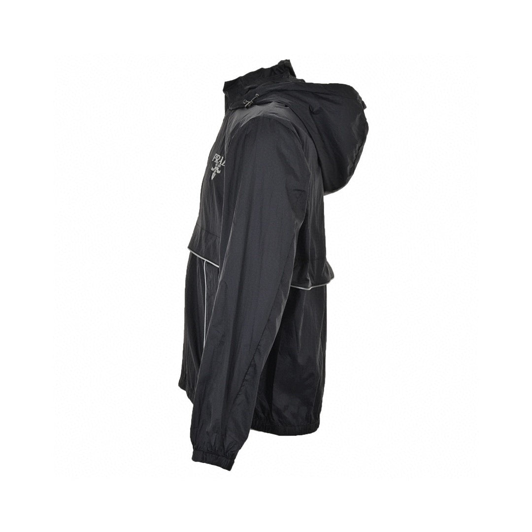 Prada Lightweight Hooded Jacket - - Black Unisex Streetwear Limited Edition - This Prada jacket features a sleek black design with the Prada logo on the chest.