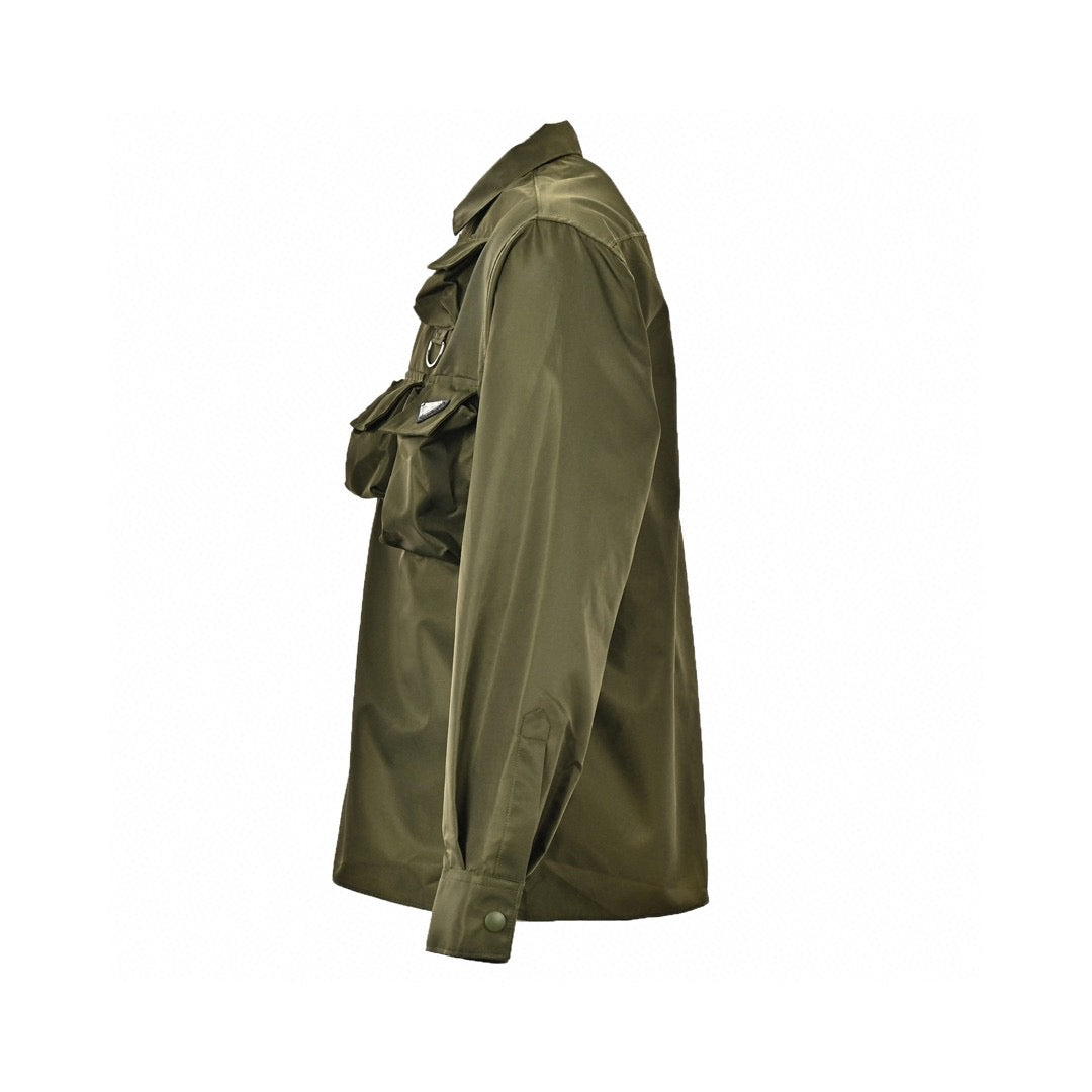 Prada Military Style Jacket - Red Unisex Streetwear Limited Edition - This Prada jacket features a military-inspired design in olive green. It has multiple utility pockets
