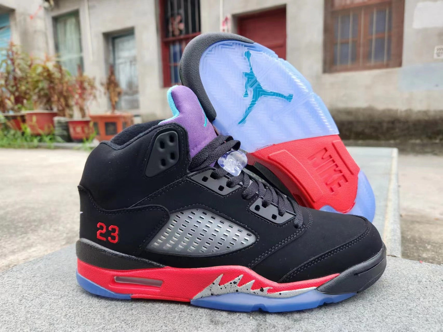Jordan 5 Black, Red And Purple Unisex Streetwear Limited Edition - Step up your sneaker game with the Air Jordan 5 in a striking black, red,