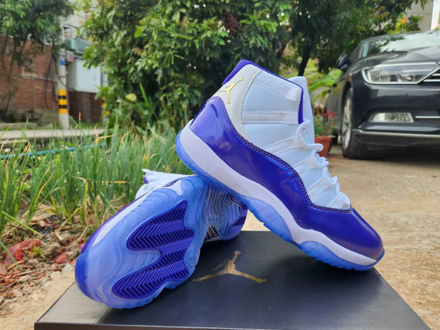 JORDAN 11 Purple And - White Unisex Streetwear Limited Edition - The Air Jordan 11 in white and blue is a striking and stylish sneaker that