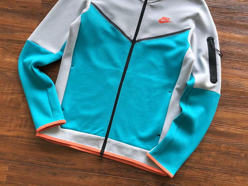 NIKE Tech Fleece Hoodie - Wolf Grey - Aquamarine - - Orange Unisex Streetwear Limited Edition - The NIKE TECH FLEECE HOODIE WOLF GREY/AQUAMARINE/ORANGE - REPLICA is the perfect fusion of modern