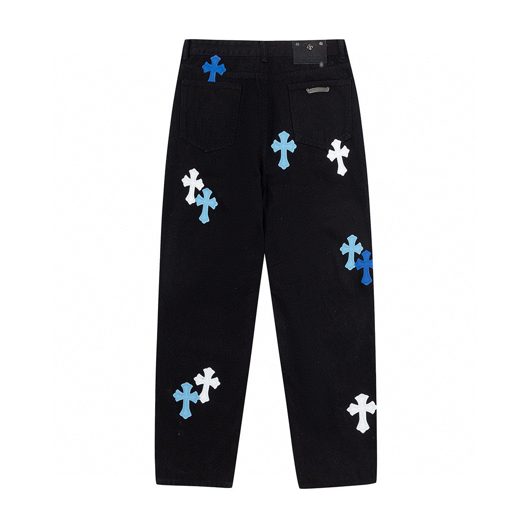 CHROME Hearts Blue Cross Patch Jeans - Black Unisex Streetwear Limited Edition