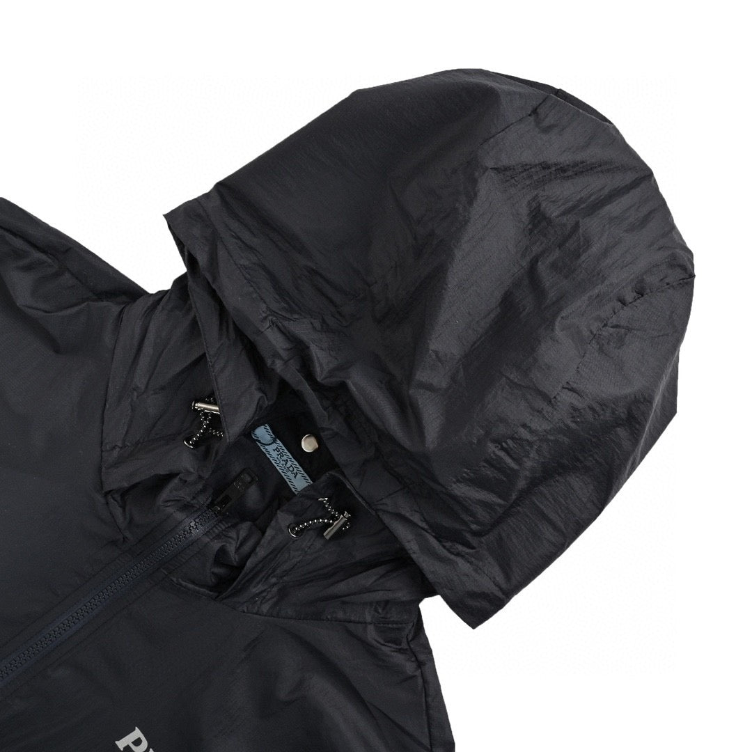 Prada Lightweight Hooded Jacket - - Black Unisex Streetwear Limited Edition - This Prada jacket features a sleek black design with the Prada logo on the chest.
